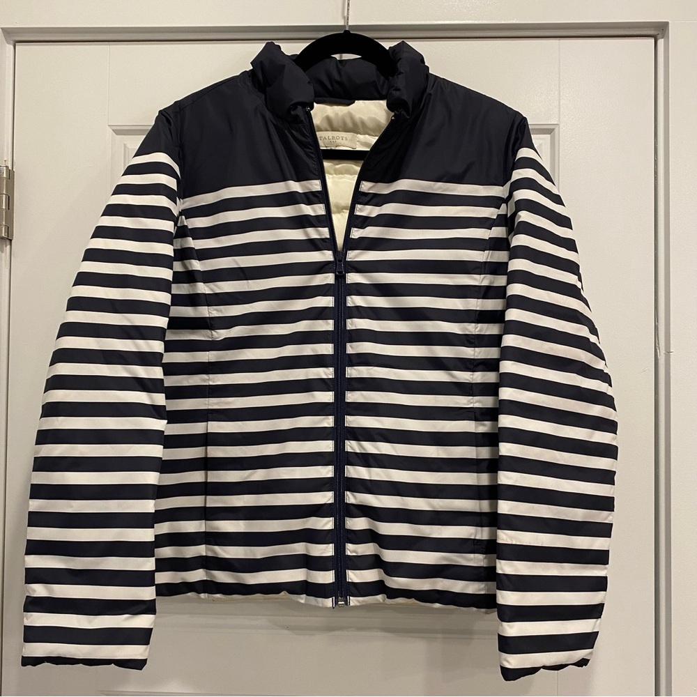 TALBOTS WOMEN'S M Blue White  Stripe Down Puffer Jacket Coat  Casual Coastal 049
